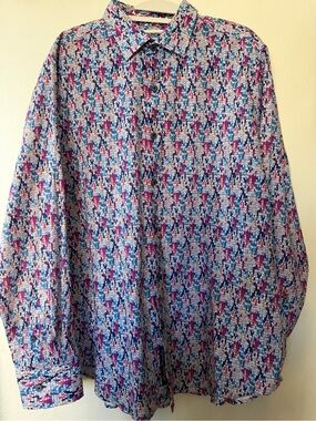 Robert Graham Linen Blend Colorful Mosaic Print Button Down Shirt Men’s